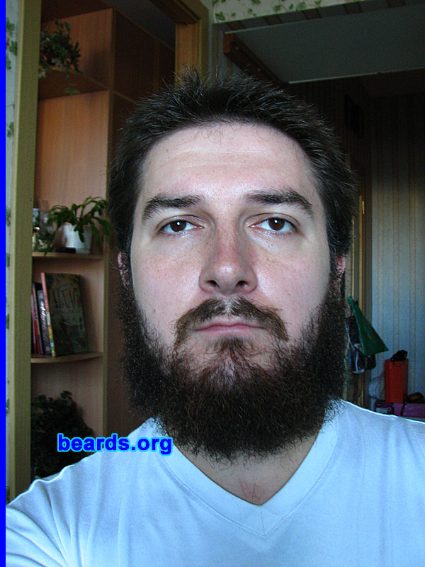 Alexander L.
Bearded since: 2003. I am a dedicated, permanent beard grower.

Comments:
When I was a child, my mother told me when I saw a small comb: "When you are grown-up,  you will comb the beard with comb." Maybe it laid the foundation for my love to grow a beard. Time went by.  At about thirteen years old, I found single hairs on my chin and fuzz on my upper lip.  So moustache stuck out in all directions and looked acceptable with only a modest length. I started to shave, but always had cuts and irritation, whatever cream and razor I have used. At eighteen years old I grew relatively acceptable sideburns, at twenty-one years old about a three-month goatee beard, and since twenty-two years old, constantly changing style. I grow mostly a full beard. In the two most recent pictures you can see three- and six-month progress.

These three photos show the process of changing the style I did exactly one year ago. Currently I'm growing a full beard after a chin strap in combination with non-caved chin and mustache.

How do I feel about my beard?  The beard has become a part of me and now I feel unnatural when clean shave or change the style. I am a fan of the full beard on my face and would like to grow it without a cutting or trimming for one-to-two years.  But in my case it would be uncombed and dirty. So I have to make a concession to society. I would like to have a thicker beard without a bald spot on my right cheek, but overall I'm happy that I can and want to grow a beard. After all, the beard differentiates man from woman and man from boy.
Keywords: full_beard