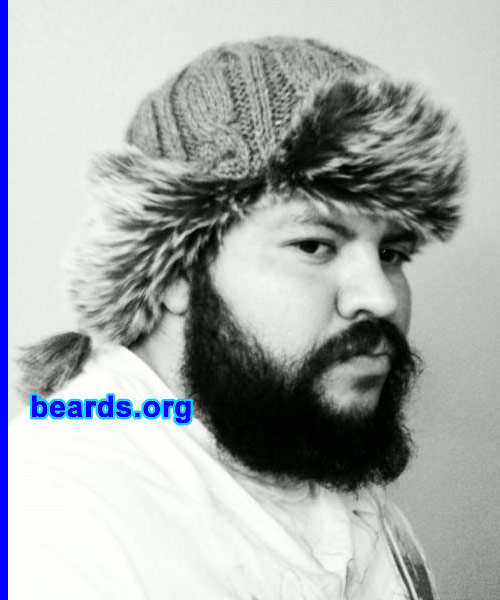 Luis M.
Bearded since: 2011. I am an experimental beard grower.

Comments:
When my friends and I were still in the military, it became a dare to grow an insane beard once we all got out.

How do I feel about my beard? I love it.  Many people are really scared of me. But it's cool.  Nobody messes with me. Plus, there are some people out there who respect me because of it.  Some say it takes a dedicated person to pull it off.
Keywords: full_beard