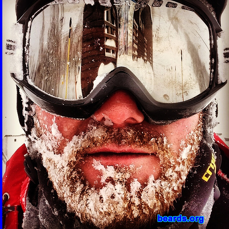 Sam O.
Bearded since: 2012. I am an occasional or seasonal beard grower.

Comments:
I grew my beard for traveling to Asian winter. I have little hair on my head.  So the extra warmth on my face was required. I was working on the best ice beard while snowboarding in Niseko, Japan.

How do I feel about my beard? I grew up disappointed about having a red beard. My hair is brown, but just at the ears the facial hair turns bright red. In my later teens I would dye it black. It took me many years to embrace the red beard. I love it now. 
Keywords: full_beard