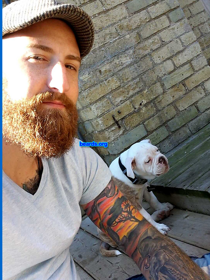 Jason W.
Bearded since: 2013. I am a dedicated, permanent beard grower.

Comments:
Why did I grow my beard? Keeps my face warm. Fills my face out. Just makes me look bandannas. And it helps with the ladies.

How do I feel about my beard? In combo with my tats and haircut, it's part of a purposeful deadly trifecta.
Keywords: full_beard