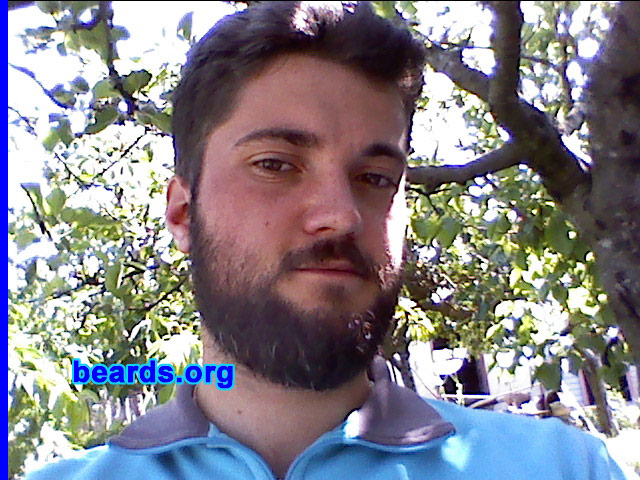 Elio
Bearded since: December 2011.

Comments:
I grew my beard because I like it, also because it makes me feel more manly and more confident.  Although I'd like the mustache thicker and the cheeks fuller, it's okay.

How do I feel about my beard?  I love it.
Keywords: full_beard