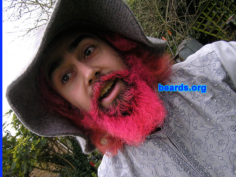 Chris T.
Bearded since: 2005, on and off.  I am an occasional or seasonal beard grower.

Comments:
I originally grew my beard out of a little laziness, because otherwise I need to shave every day. But the magenta was for charity.

How do I feel about my beard? Well, I prefer to keep smooth chinned for the possibility of ladies.  But, the beard always grows on me...
Keywords: full_beard