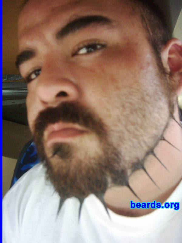 Cesar G.
Bearded since: 2007.  I am an occasional or seasonal beard grower.

Comments:
I grew my beard because of a stupid New Year's resolution that, by two months, was starting to drive me crazy.

How do I feel about my beard?  After two months, it was driving me nuts and it was still too short to start braiding.   So one night, I had some mustache wax and was really bored. The outcome was a spiked beard.  The [url=http://www.beards.org/images/displayimage.php?pos=-2342]first photo[/url] was the first outcome.  After a while, I turned it into a jaw strap with goatee, continuing the spiking.   The way I get it to hold is to form it with mustache wax by grabbing some hair and twisting it.  Then to, get a tight clean spike, I repeat the process with a dab of hair glue.  The finished product is a tight, hard spike that holds all day.  Since these photos were taken, I also spike the patch under my lip.  The kryptonite for this beard is sweat and getting wet.

Update: The beardguy here asked if i could get some better shots of my beard for the site, so here you are: a before, after and closeup of the finished product.  This photo: after.
Keywords: full_beard