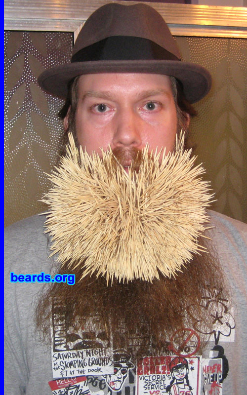 George Gaspar
Bearded since: 2007.  I am an experimental beard grower.

Comments:
I grew my beard to have fun!

How do I feel about my beard?  I love growing different beard styles. Right now I'm growing a full beard so I can compete in the World Beard and moustache Championships in Alaska. These pictures are me having fun with 2222 toothpicks in my beard!
Keywords: full_beard
