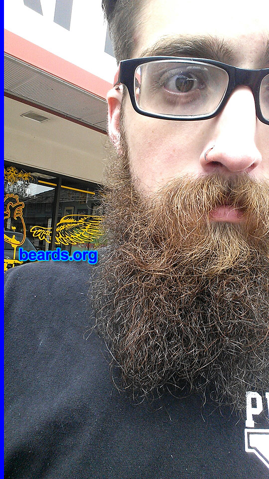 Dillon P.
Bearded since: 2013. I am a dedicated, permanent beard grower.

Comments:
Why did I grow my beard? I had a mustache for about three years and realized I should just go ahead and cover the rest of my face.

How do I feel about my beard? I love everything about my beard. Always warm.
Keywords: full_beard