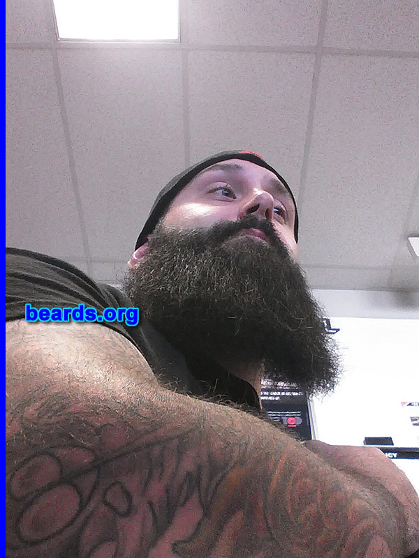 Shawn M.
Bearded since: 2012. I am a dedicated, permanent beard grower.

Comments:
Why did I grow my beard? I've always had some sort of facial hair. But I wanted to see how far I could take it. It started with my friends telling me to grow my beard. I told my friend I would grow a beard until he had his kid. He had his kid and I don't want to shave it off.

How do I feel about my beard? I know my beard is long but compared to other beards I've seen around town I feel sometimes I cannot compete. I shaved January 2013 and then started growing it back in February and I've been growing ever since. I like it and I will probably keep it for the winter.
Keywords: full_beard