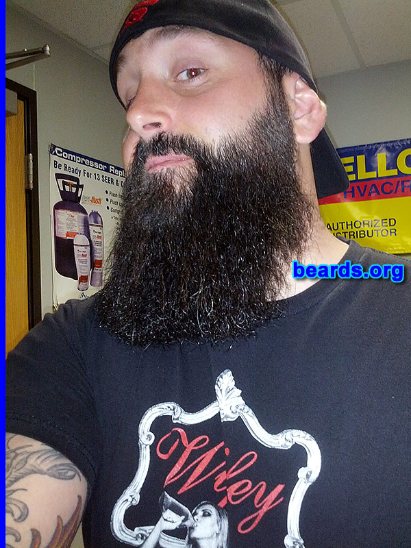 Shawn M.
Bearded since: 2012. I am a dedicated, permanent beard grower.

Comments:
Why did I grow my beard? I've always had some sort of facial hair. But I wanted to see how far I could take it. It started with my friends telling me to grow my beard. I told my friend I would grow a beard until he had his kid. He had his kid and I don't want to shave it off.

How do I feel about my beard? I know my beard is long but compared to other beards I've seen around town I feel sometimes I cannot compete. I shaved January 2013 and then started growing it back in February and I've been growing ever since. I like it and I will probably keep it for the winter.
Keywords: full_beard