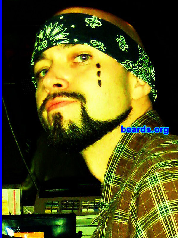 Kazz
Bearded since:  2006.  I am an experimental beard grower.

Comments:
I grew my beard back in 2002.  But Army time wouldn't let me have designs.

How do I feel about my beard?  I'm a beast.
Keywords: goatee_mustache