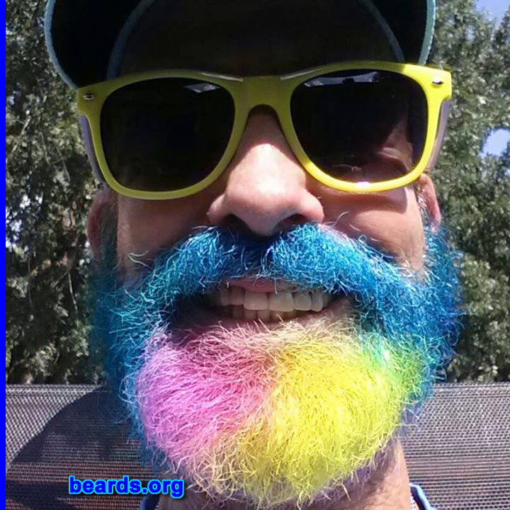 Todd K.
Bearded since: 2011. I am an occasional or seasonal beard grower.

Comments:
Why did I grow my beard? I grow hair where I can.

How do I feel about my beard?  Love it.  I love having it tie dyed for the summer. It was a boring white until June 2013.  Since then, I've kept it colored.
Keywords: full_beard