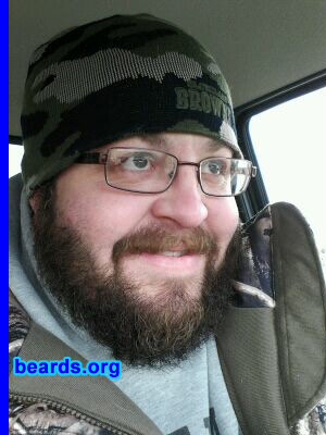 Jeremy P.
Bearded since: 2011. I am a dedicated, permanent beard grower.

Comments:
I grew my beard for the 2011 hunting season starting October, but have since fallen in love. If my job (Analyst/Programmer) permits, I will keep it forever. My baby daughter does not know me without it.  And my wife loves it.

How do I feel about my beard? Magnificent, manly, and blessed.
Keywords: full_beard