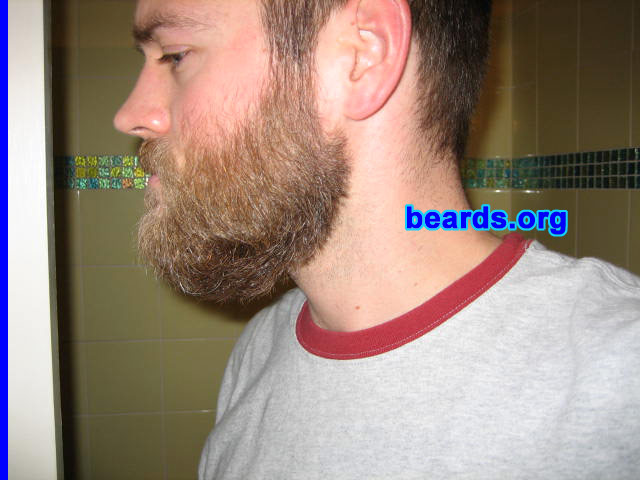 Ian May
Bearded since: 2005.  I am an experimental beard grower.

Comments:
I grew my beard because my wife used the last razor and I was too busy to get to the store for a couple of days.  Then the negative comments kicked in, which motivated me to grow it out a bit.  That was almost five months ago.

I really did not like it at first, especially before shaving the mustache off.  I felt like I was looking at someone else in the mirror, and it was uncomfortable feeling. Now I like it quite a bit and plan to keep it to the six month point at least. I think the style suits me well and enjoy fiddling with it while I work.
Keywords: full_beard