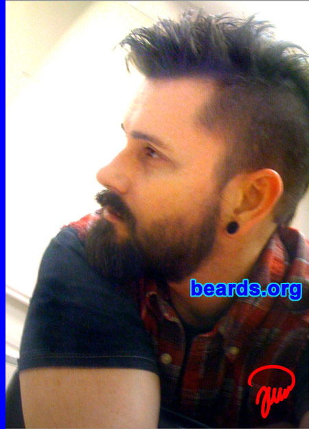 J.C.
Bearded since: 2005.  I am a dedicated, permanent beard grower.

Comments:
I grew my beard because, in this day and age of hairless faces, smooth bodies, and pretty faces, it's refreshing to see men reclaim their natural hairiness. Becoming more popular in fashion and acceptable in the workplace, it's the one thing that I can do that is my own...

How do I feel about my beard? Every beard has its flaws, but my beard is my own and I accept that. It may not be as full as I would like, but I have had many compliments on it, and many admirers.
Keywords: full_beard