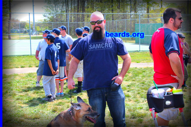 Ron
Bearded since: 2002. I am a dedicated, permanent beard grower.

Comments:
I started losing my hair and I started shaving my head and a goatee came first. Then I tried full beards and I've been working on a long goatee for a lot of years. I am finally getting somewhere with it. I've got about nine months into it.

How do I feel about my beard? I love it. I'm about half way to my length goal. I get a lot of respect from men who realize what kind of dedication it takes to grow a long beard. My wife is not a fan, but luckily she's not going anywhere.
Keywords: goatee_mustache