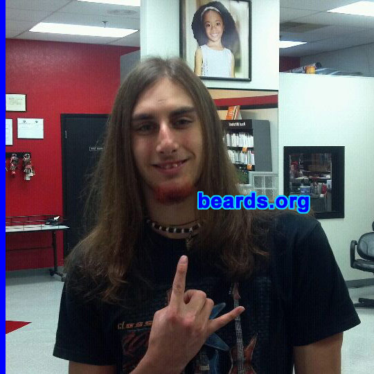 Chris C.
Bearded since: 2010. I am a dedicated, permanent beard grower.

Comments:
I grew my beard because I want to be different in society, it goes well with my long hair, (which I plan to grow that very long, also), and I think it also fits well with guitar playing and personality. Along with the greats such as the later John Lennon and Dimebag Darrell, Zakk Wylde, James Hetfield, Scott Ian, and Billy Gibbons.

How do I feel about my beard? I really like it. I would like to grow it very long; long like Billy Gibbons', but with color and attitude like Dimebag's. I plan on having all sorts of colors fading and blending in with each other.
Keywords: goatee_only